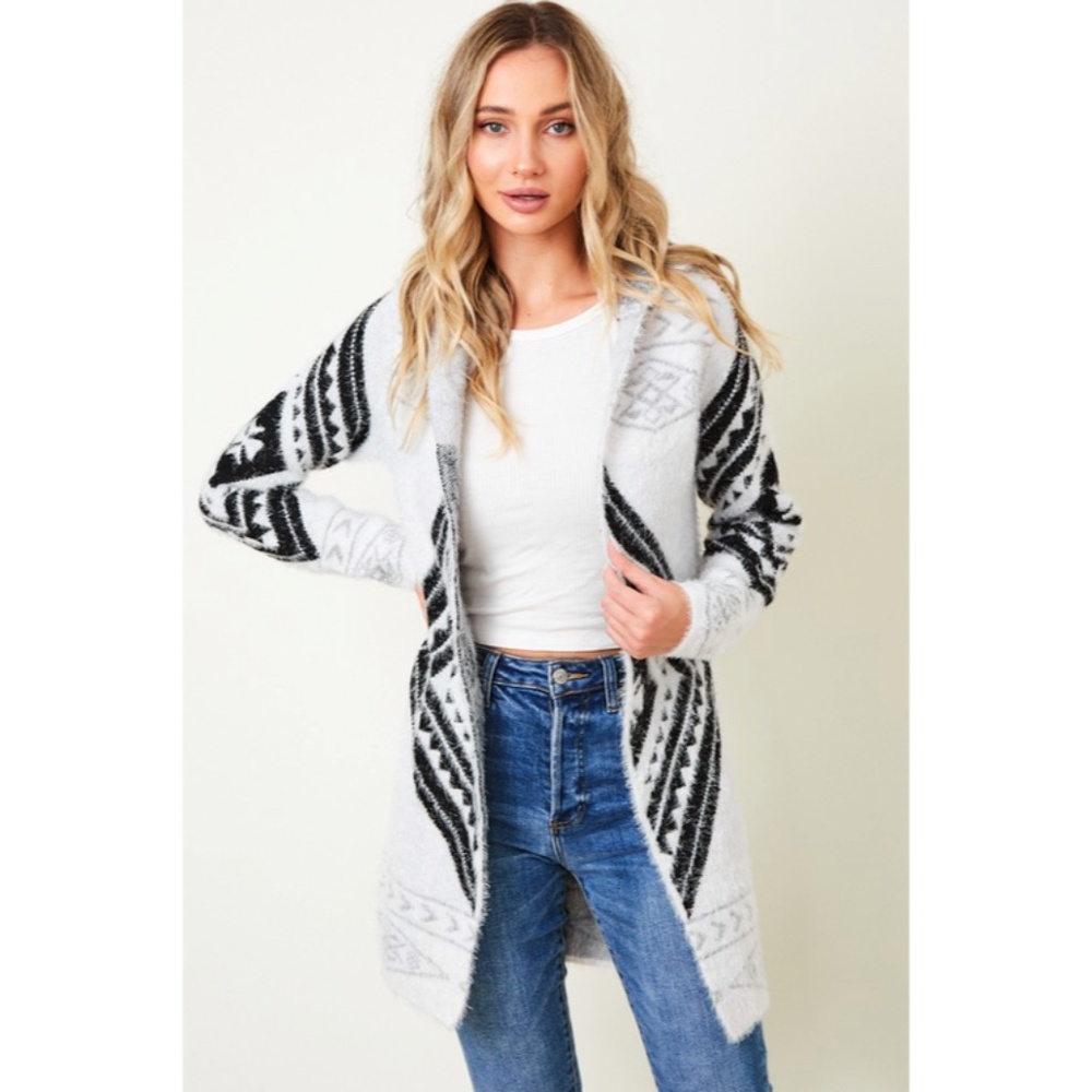SOLD OUT Fuzzy Soft Knit Hooded Long Sleeve Aztec Tribal Native Western Cardigan - Picture 3 of 10
